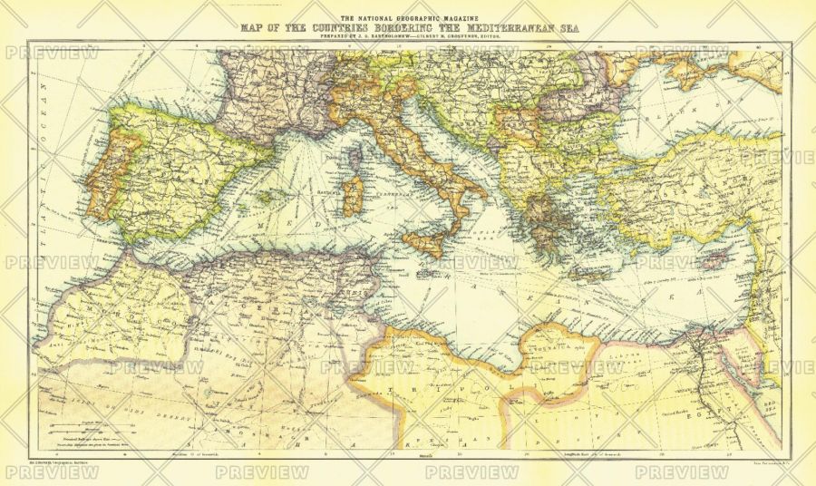 Countries Bordering The Mediterranean Sea Published 1912 Map