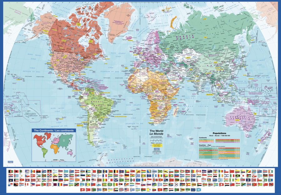 World Wall Map With Flags English And French Large