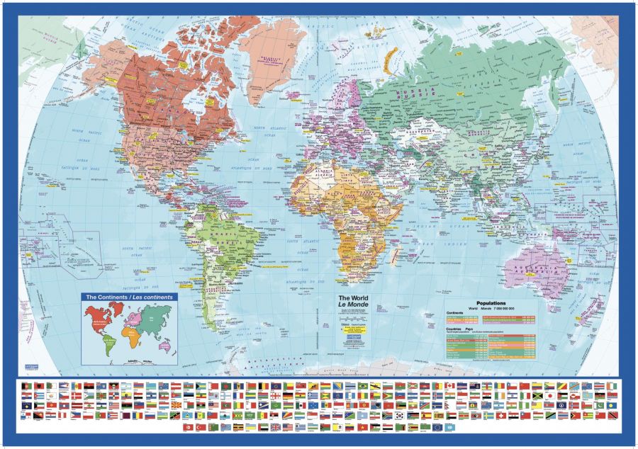 World Wall Map With Flags English And French