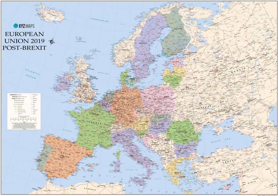 European Union 2019 Post Brexit Wall Map