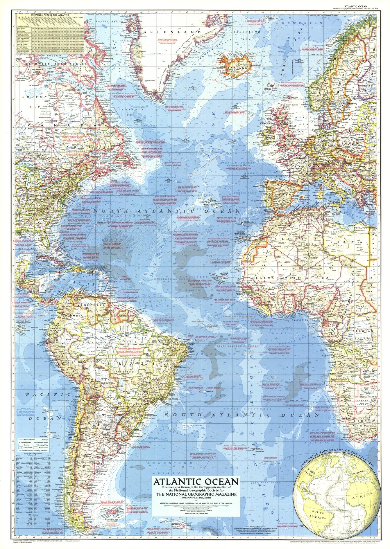 Atlantic Ocean Map - Published 1955, National Geographic Maps