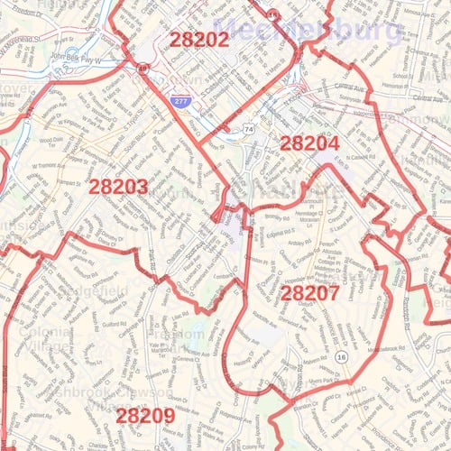 Charlotte Zip Code Map, North Carolina
