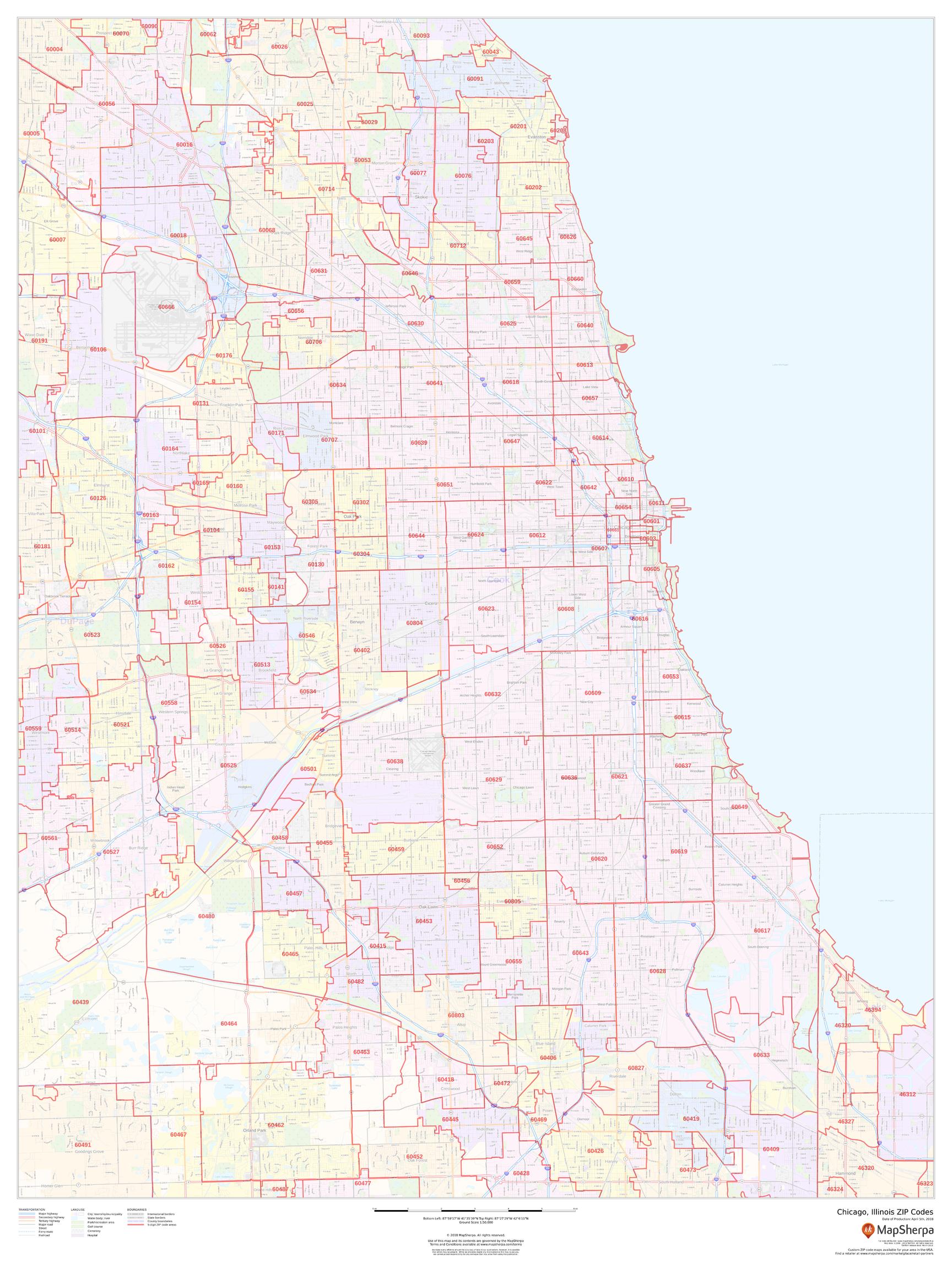 Chicago Zip Code Map, Illinois